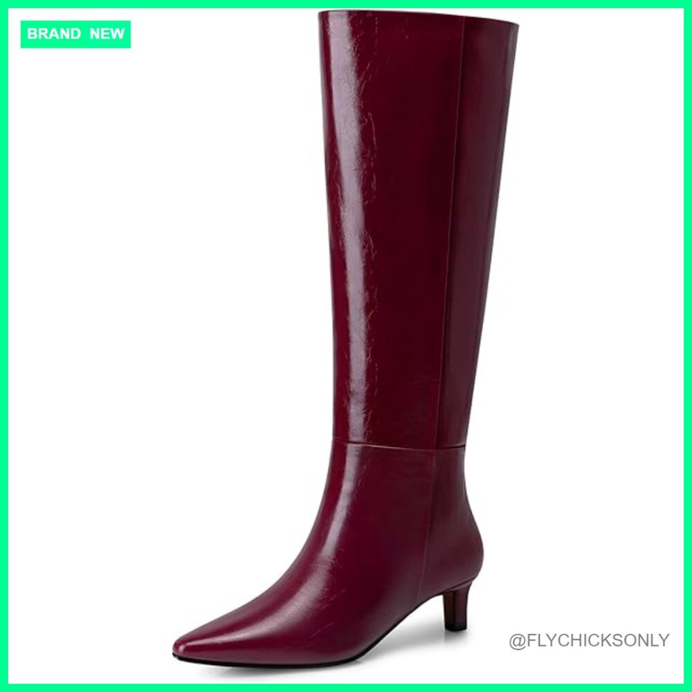 Knee High Boots With Kitten Heel, Wide Calf, Pointed Toe, Pu Leather